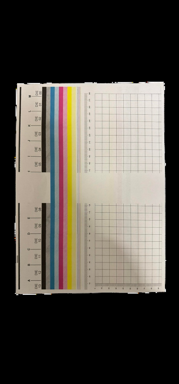FI-1000 printhead nozzle test showing a failed sector